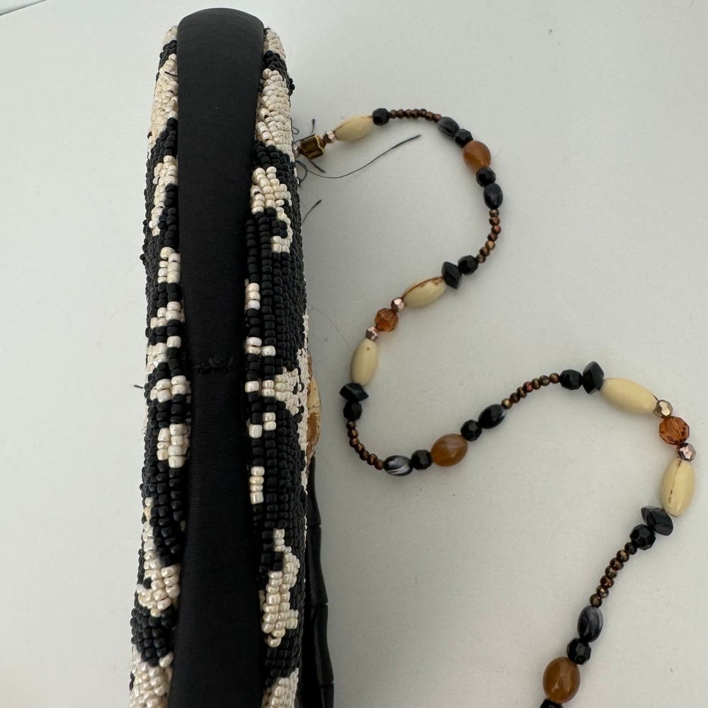 Mary Frances Fully Beaded Semi-Circle Clutch Bag Feather Trim Wood Handle - Picture 4 of 12